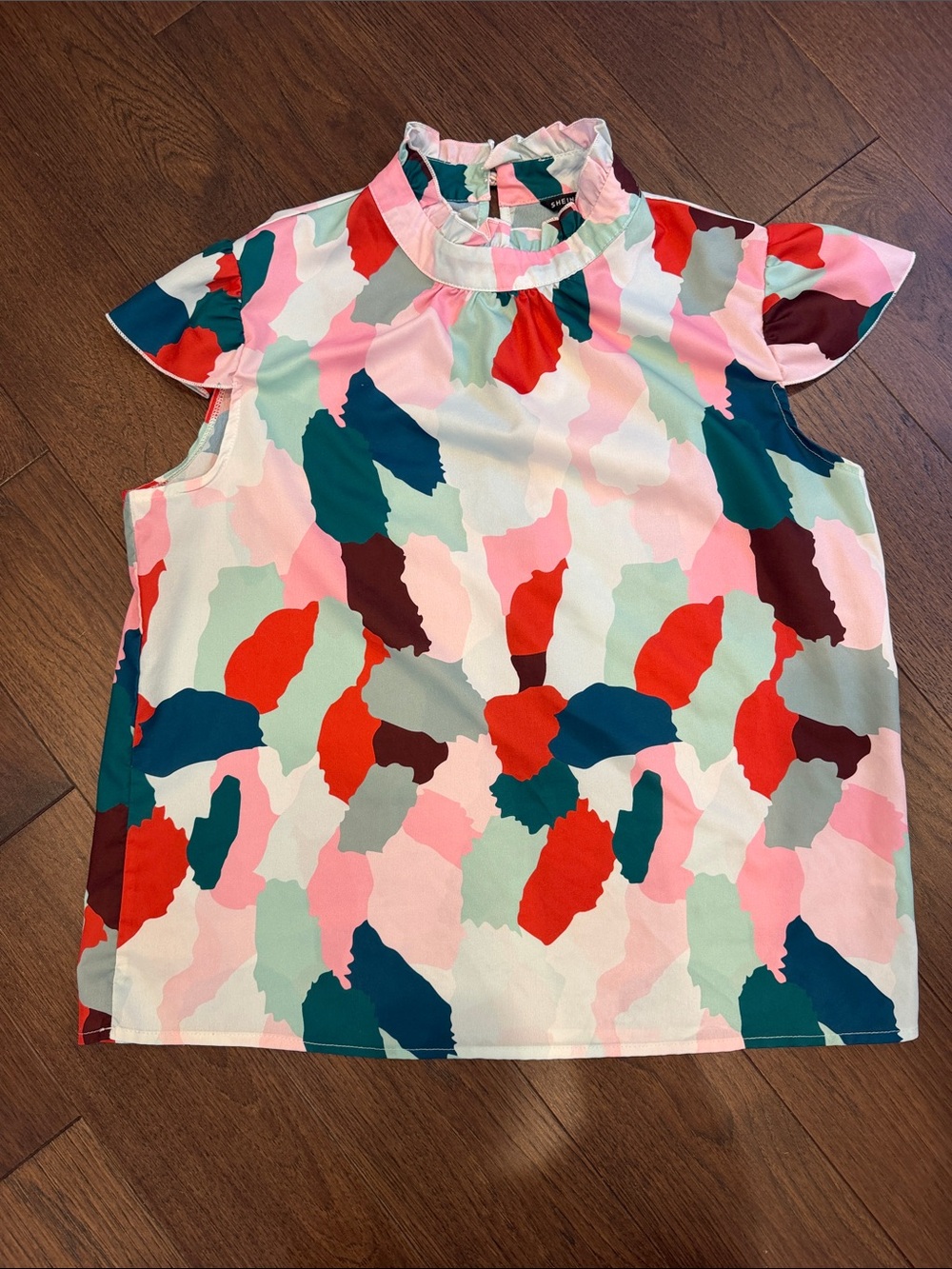 SHEIN Women’s Multicolor Abstract Print Ruffle Neck Top Size XL - C58-036